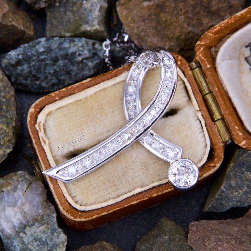 Ribbon Motif Diamond Slide Pendant Necklace 14K White Gold