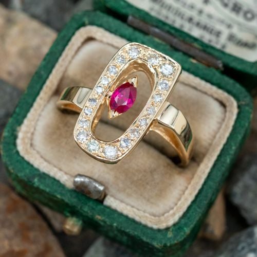 Pretty Ruby & Open Diamond Halo Ring 14K Yellow Gold