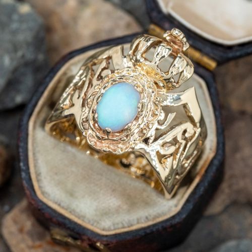 Bezel Set Opal Pierced Crown Ring Yellow Gold