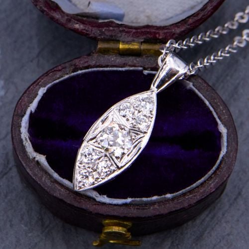 Navette Shape Old Euro Diamond Pendant Necklace 14K White Gold
