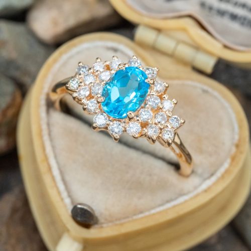 Gorgeous Oval Blue Topaz & Diamond Ring 14K Yellow Gold