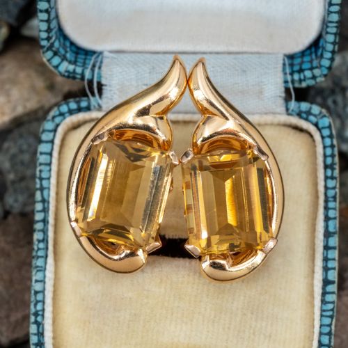 Emerald Cut Citrine Earrings 14K Yellow Gold For Non-Pierced Ears 