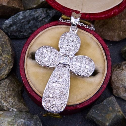 Adorable Diamond Cross Pendant Necklace 18K White Gold w/ 14K Chain