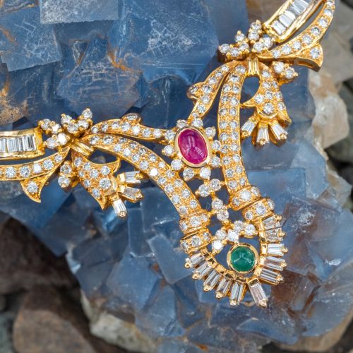 Beautiful Ruby, Emerald & Diamond Necklace 18K Yellow Gold
