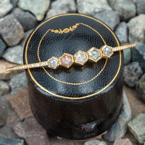 Modern Rustic Hexagonal Diamond Cuff Bracelet 18K Yellow Gold