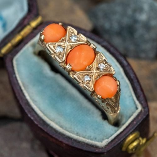 Antique Coral Diamond Ring 9K Yellow Gold