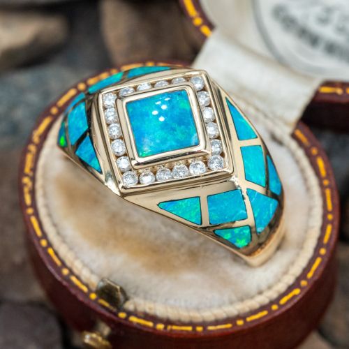 Stunning Opal Inlay Diamond Ring 14K Yellow Gold Size 10