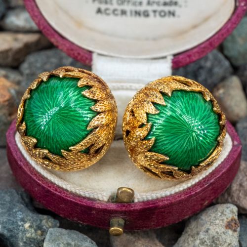 Beautiful Vintage Earrings with Green Guilloche Enamel 18K Yellow Gold 
