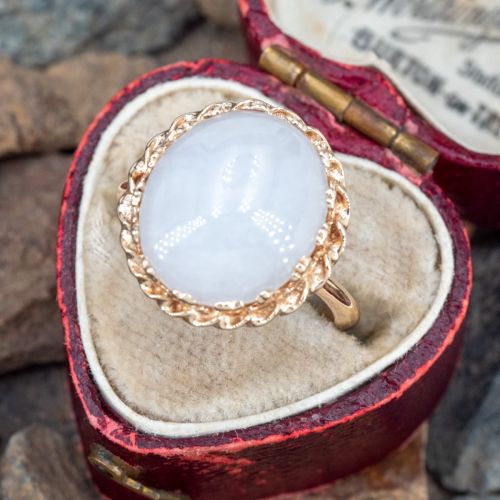 Oval Cabochon White Jade Ring 14K Yellow Gold