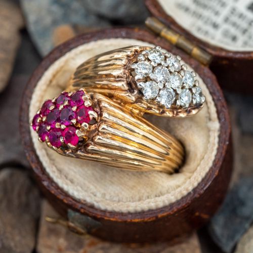 1950s Retro-Vintage Ruby & Diamond Bypass Ring 14K Yellow Gold