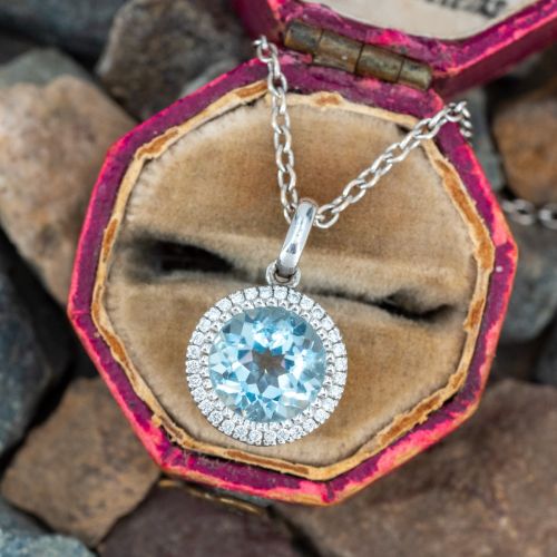 Sparkling Aquamarine Diamond Halo Pendant Necklace 14K White Gold