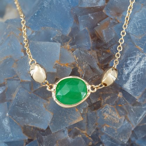 Lovely Double Faceted Dyed Green Jade Necklace 14K Yellow Gold