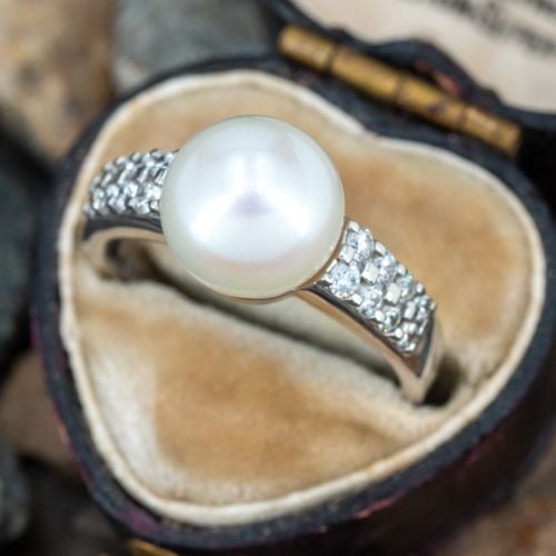 Fresh Water Pearl & Diamond Ring 14K White Gold