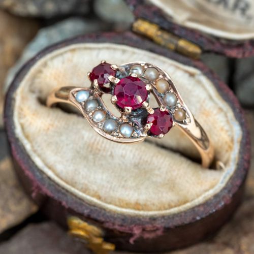 Antique Garnet & Seed Pearl Bypass Ring Yellow Gold