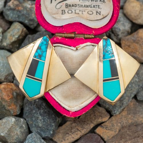 Native American "Knifewing Segura" Turquoise & Onyx Inlay Earrings 14K Yellow Gold