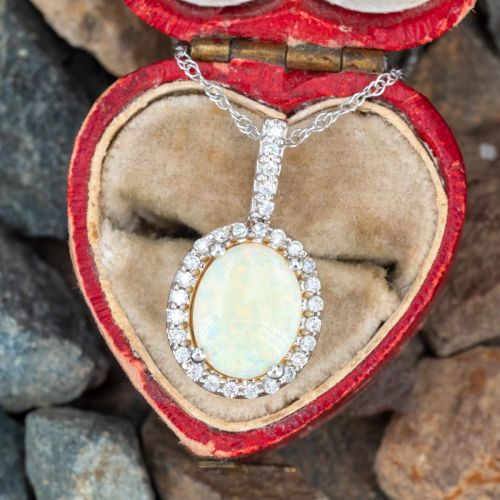Lovely Opal Diamond Pendant Necklace 14K White Gold