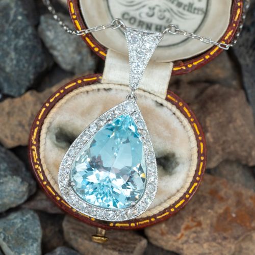 Gorgeous Pear Cut Aquamarine Pendant Necklace Platinum & 18K White Gold