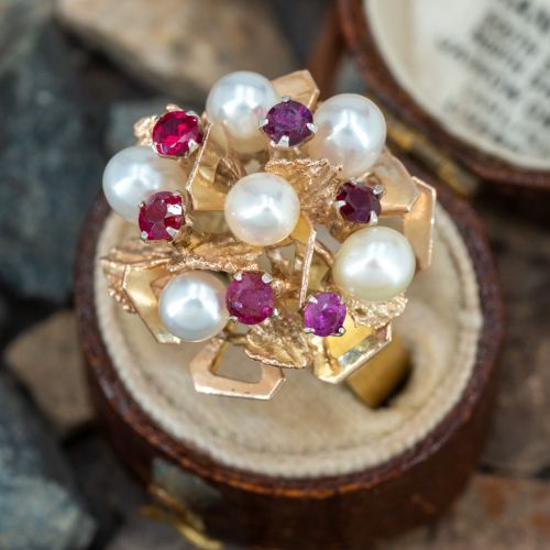Textured Fresh Water Pearl & Ruby Ring 14K Yellow Gold
