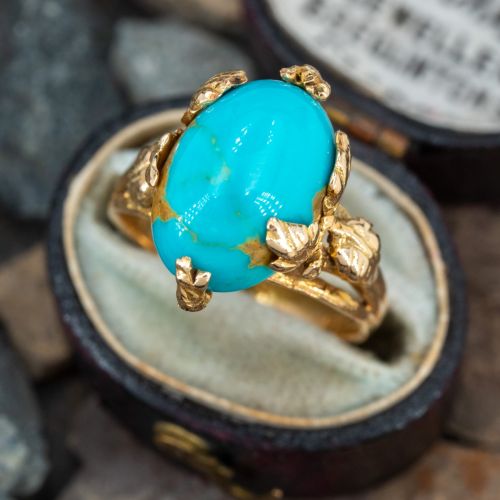 Beautiful Vintage Nature Motif Turquoise Ring 14K Yellow Gold