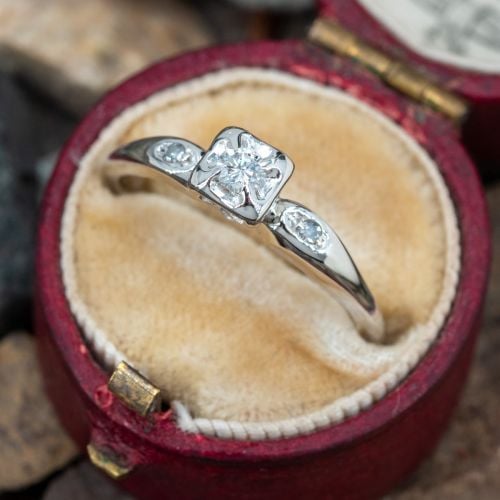 Vintage Art Carved Diamond Engagement Ring 14K White Gold