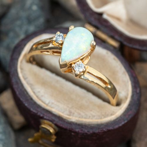 Pear Cabochon White Opal Ring 14K Yellow Gold