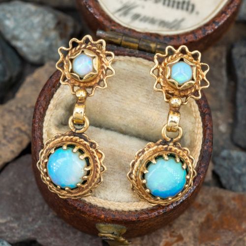 Vintage Starburst Opal Drop Earrings 14K Yellow Gold