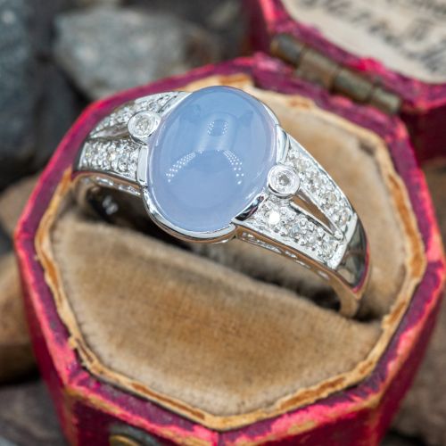 Beautiful Purplish-Blue Cabochon Chalcedony Ring 14K White Gold