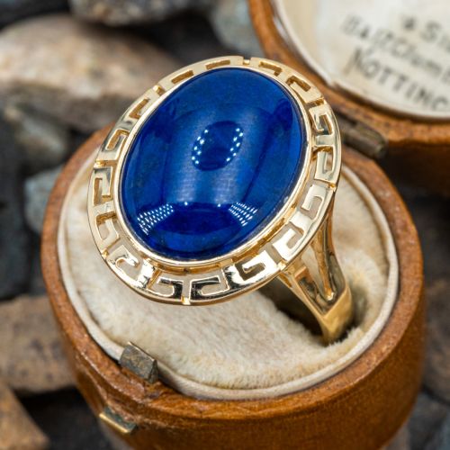 Lapis Lazuli Ring w Greek Key Border 14K Yellow Gold