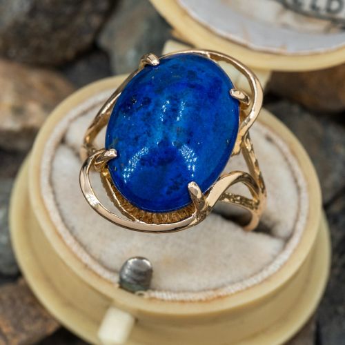 Vintage Oval Cabochon Lapis Lazuli Ring 14K Yellow Gold