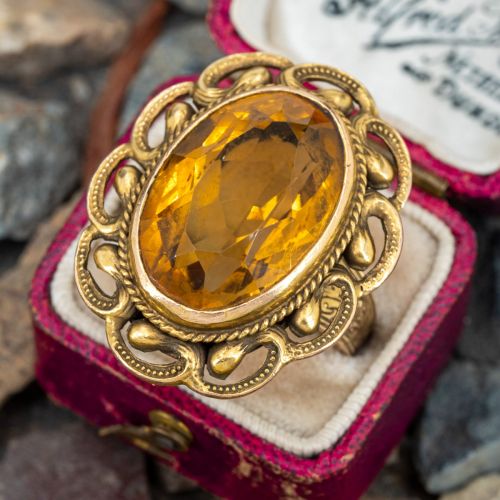 Engraved Vintage Citrine Cocktail Ring Yellow Gold