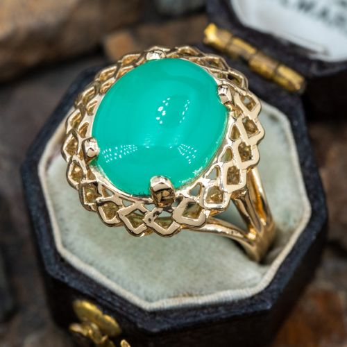 Bluish-Green Chrysoprase Cabochon Ring 14K Yellow Gold