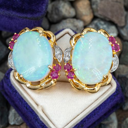 Colorful Semi-Crystal Opal & Ruby Earrings 14K Yellow Gold