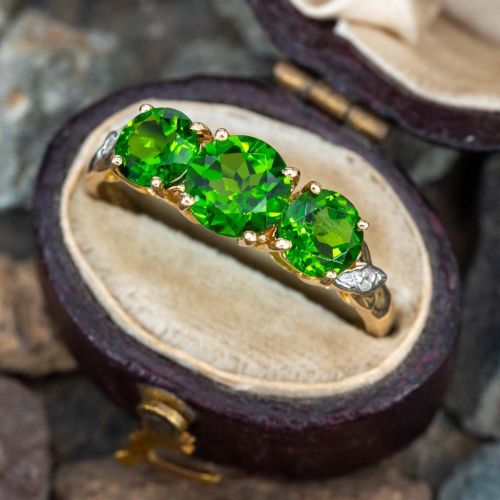 Three Stone Chrome Diopside Ring 14K Yellow Gold