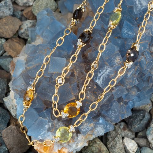35 Inch Multi-Colored Quartz Station Necklace 14K Yellow Gold