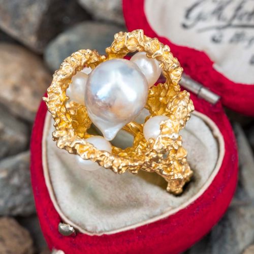 Organic Floral Motif Pearl Ring 14K Yellow Gold