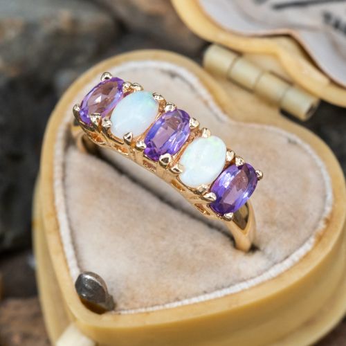 Alternating Oval Amethyst & Opal Band Ring 14K Yellow Gold