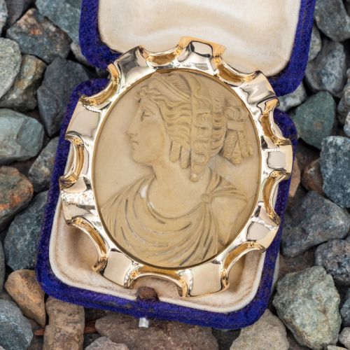High Relief Hard-Stone Cameo Brooch Pin 14K Yellow Gold