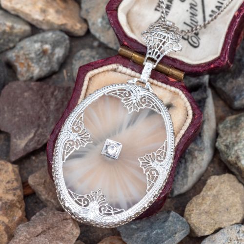 Filigree Rock Crystal Pendant Necklace 14K White Gold