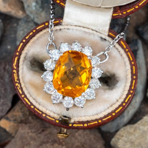 Lovely Cushion Checkerboard Citrine & Diamond Halo Necklace 14K White Gold
