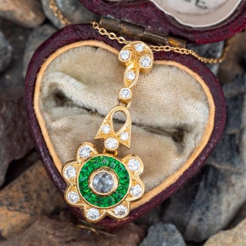 Rose Cut Diamond & Tsavorite Garnet Slide Pendant Necklace