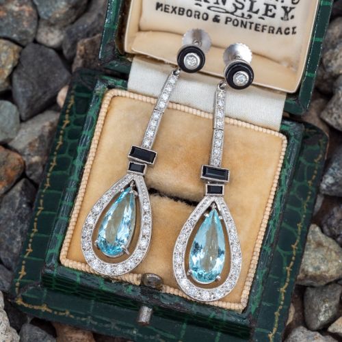Vintage Aquamarine & Diamond Drop Earrings w/ Onyx Accents Platinum