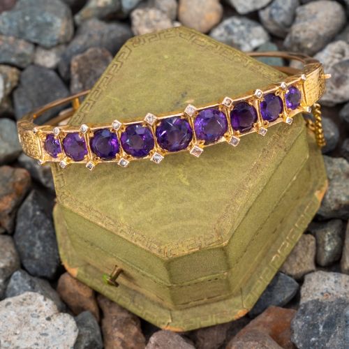 Victorian Deep Purple Amethyst & Rose Cut Diamond Bangle Bracelet 14K Yellow Gold