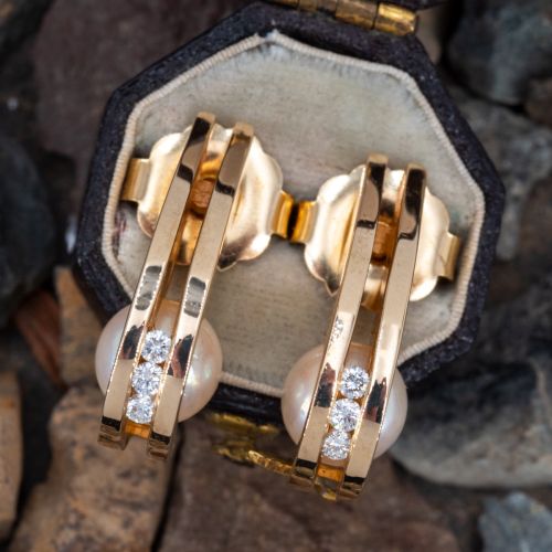 Gorgeous Saltwater Pearl & Diamond Earrings 14K Yellow Gold