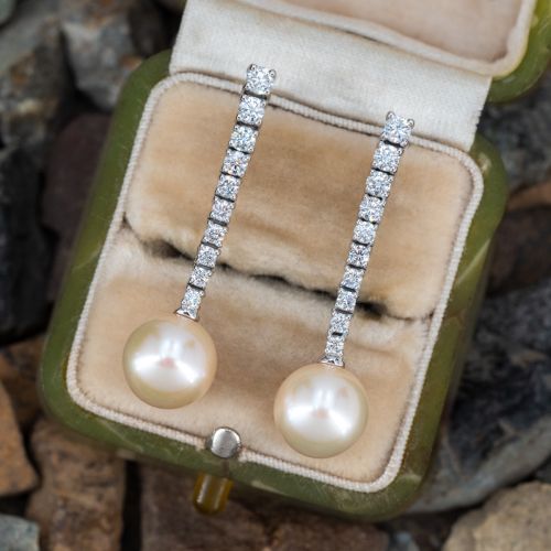 Freshwater Pearl Drop Diamond Earrings 14K White Gold 