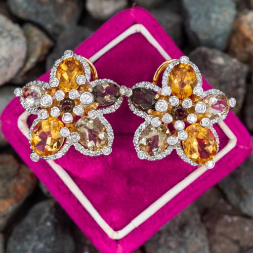 Beautiful Floral Motif Gemstone Earrings 14K Yellow Gold 