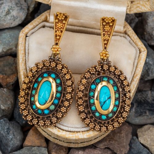 Gorgeous Granulated Gold Turquoise Earrings 18K Yellow Gold 