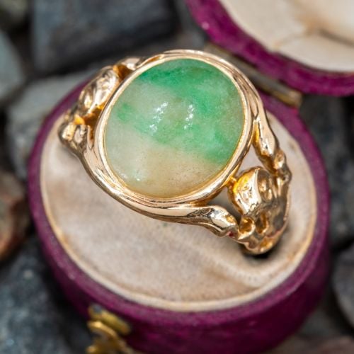 Vintage Jade Ring w/ Scroll Shoulders 14K Yellow Gold