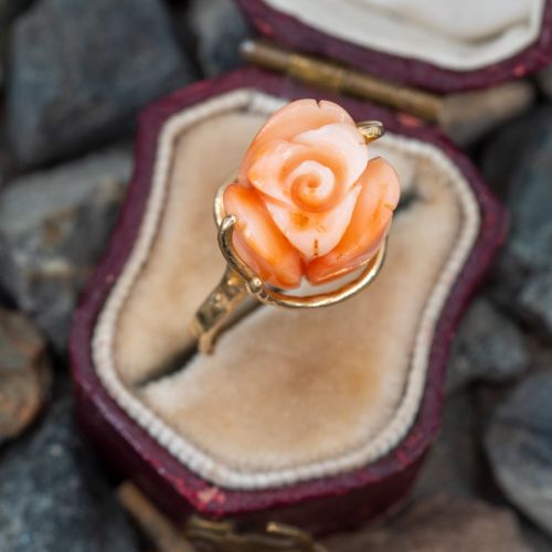 Vintage Carved Coral Rose Ring 14K Yellow Gold