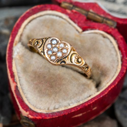 Lovely Antique Heart Motif Seed Pearl Ring 14K Yellow Gold