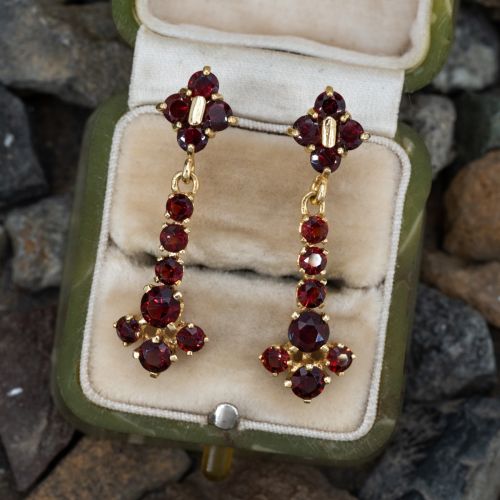 Portuguese Garnet Cluster Dangle Earrings 18K Yellow Gold